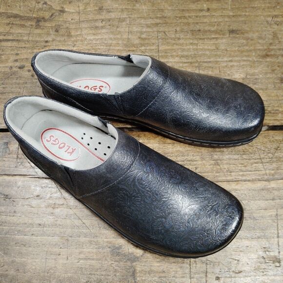 Klogs Sz 11 M Clogs Shoes Black Blue Embossed Leather Comfort Slip On - Picture 7 of 11